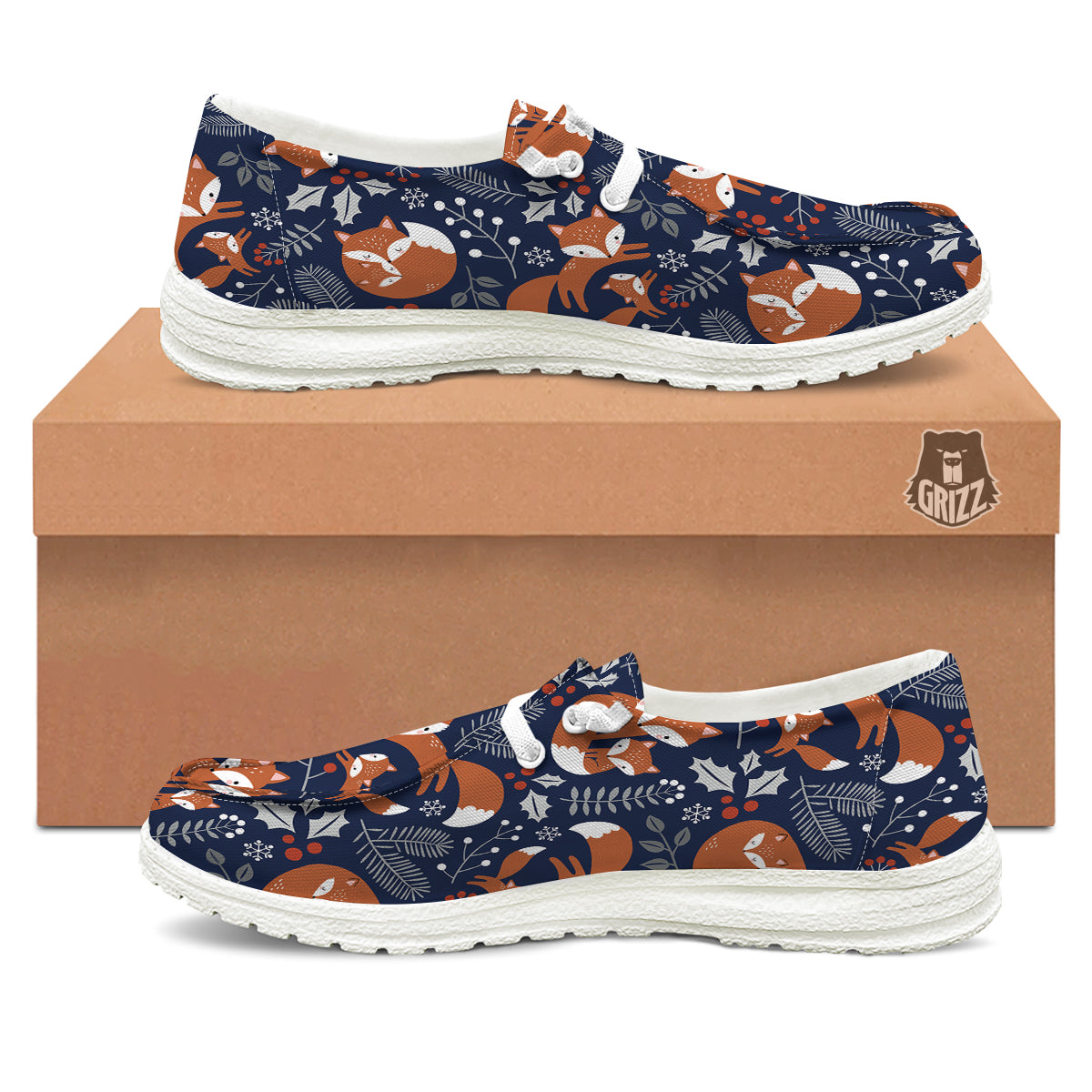 Fox Winter Print Pattern White Loafers-grizzshop