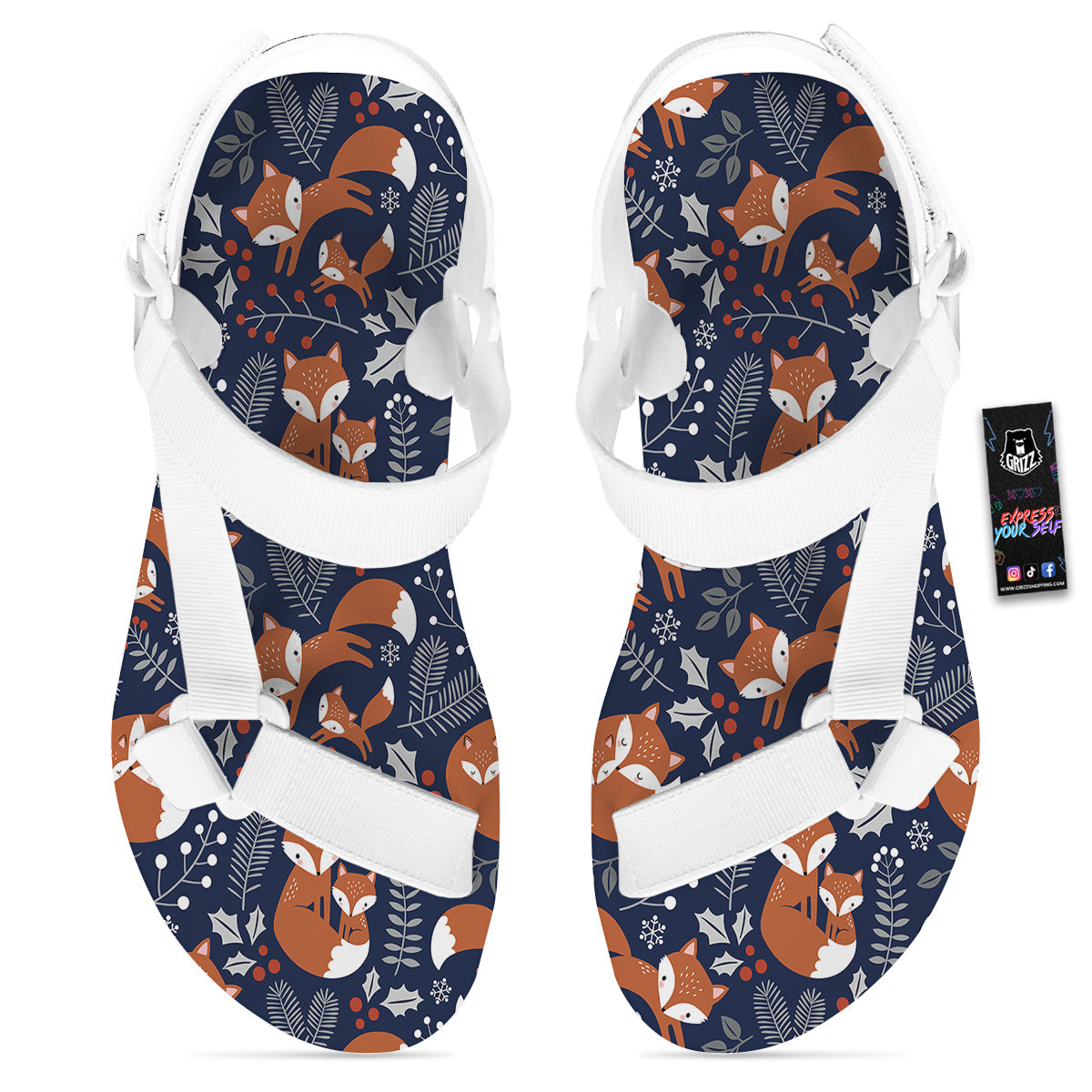 Fox Winter Print Pattern White Open Toe Sandals-grizzshop