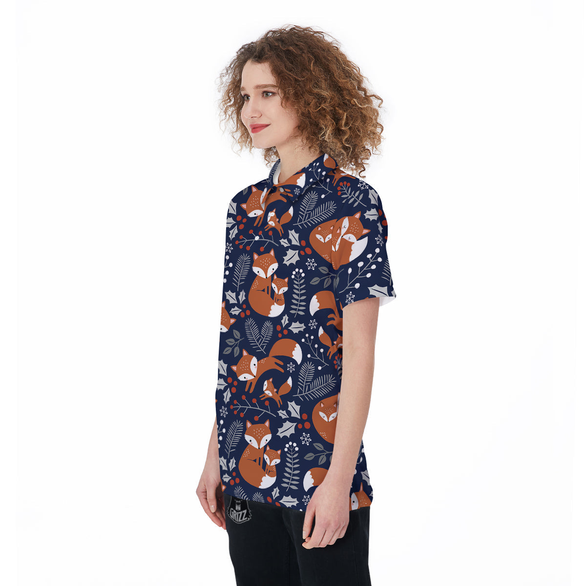 Fox Winter Print Pattern Women's Golf Shirts-grizzshop
