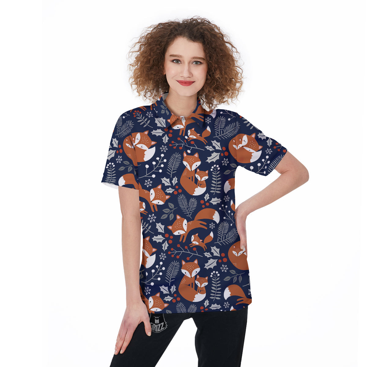 Fox Winter Print Pattern Women's Golf Shirts-grizzshop