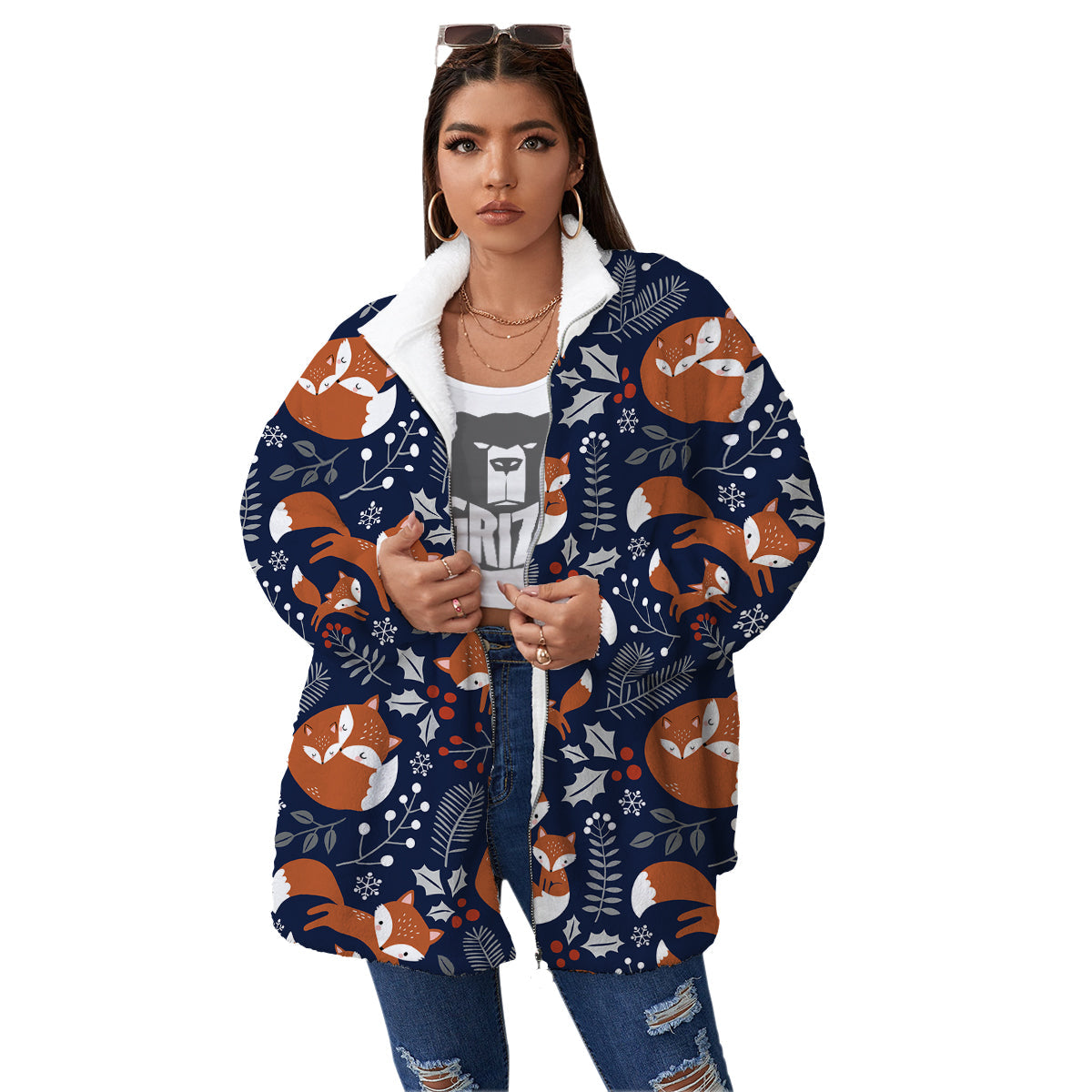Fox Winter Print Pattern Women's Sherpa Jacket-grizzshop