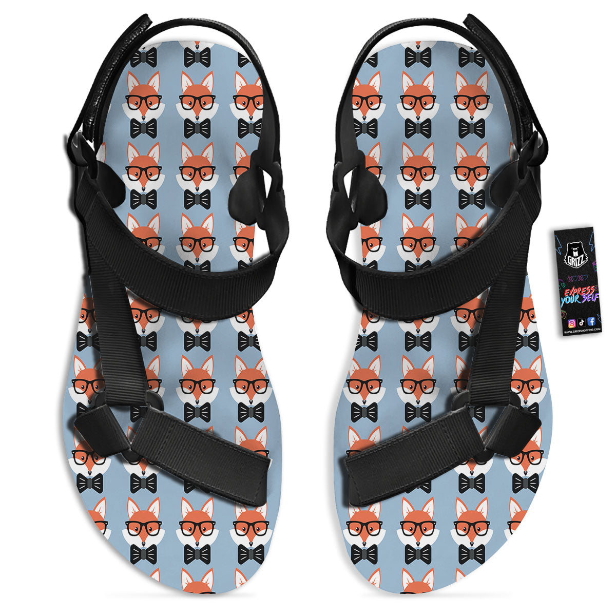 Fox With Glasses Print Pattern Black Open Toe Sandals-grizzshop