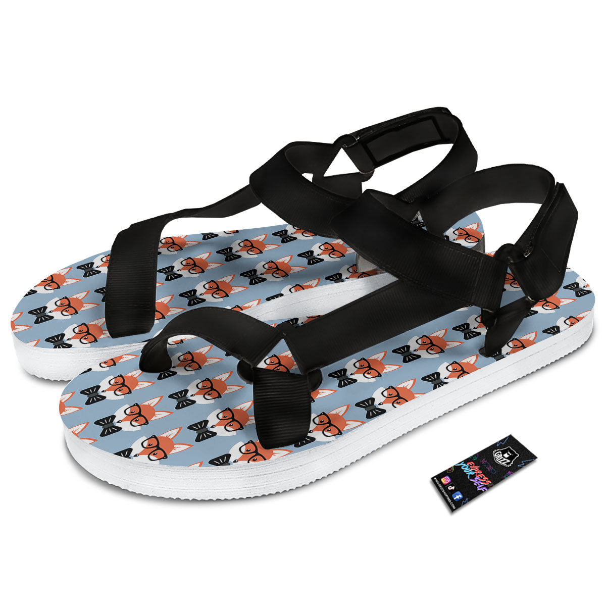 Fox With Glasses Print Pattern Black Open Toe Sandals-grizzshop