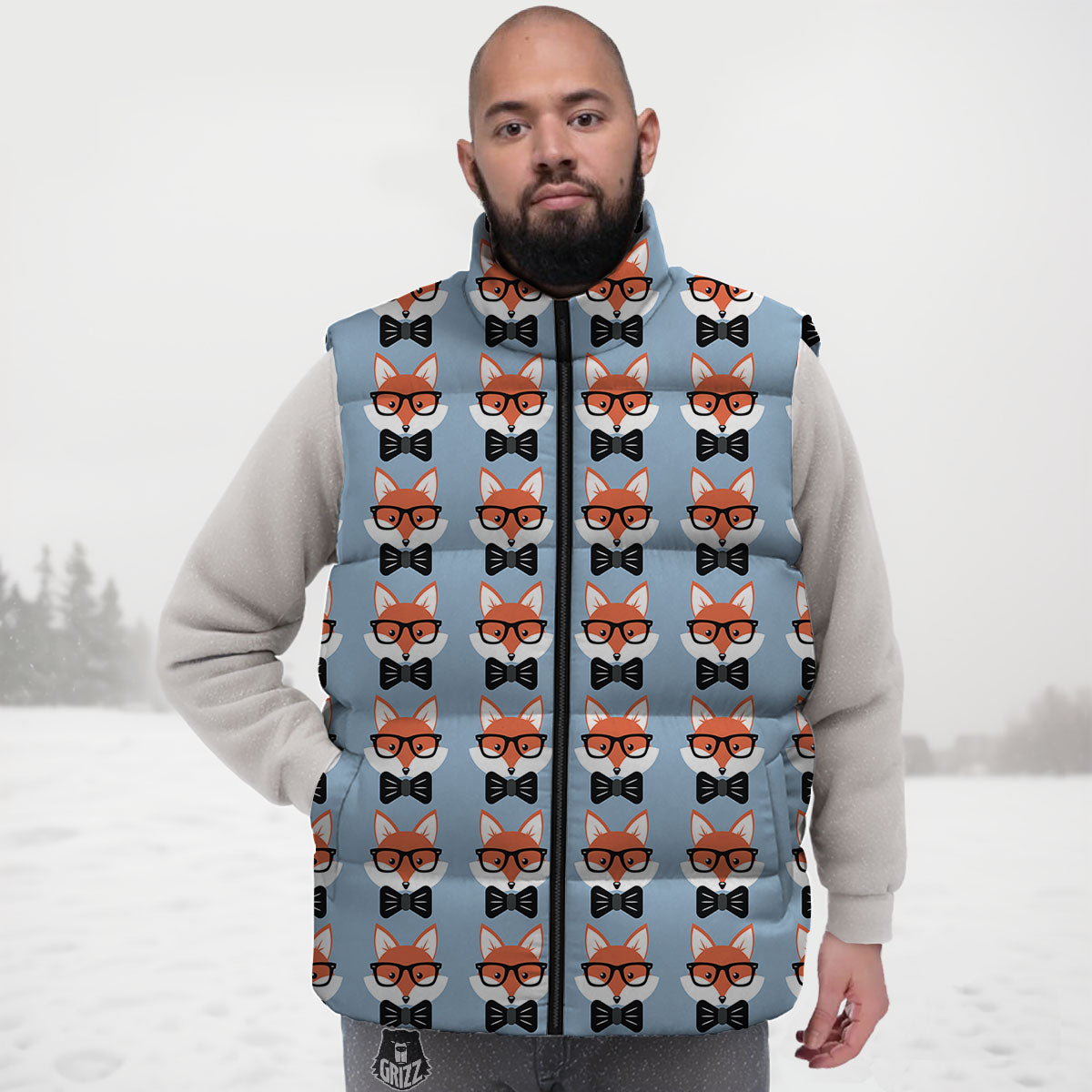 Fox With Glasses Print Pattern Down Vest-grizzshop