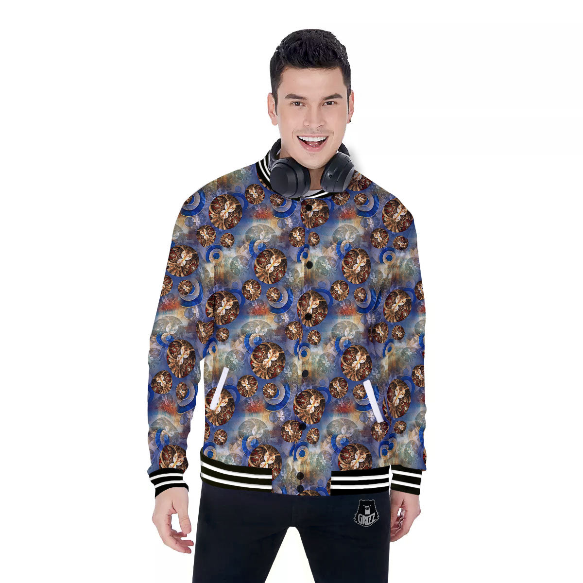 Fractal Abstract Print Baseball Jacket-grizzshop