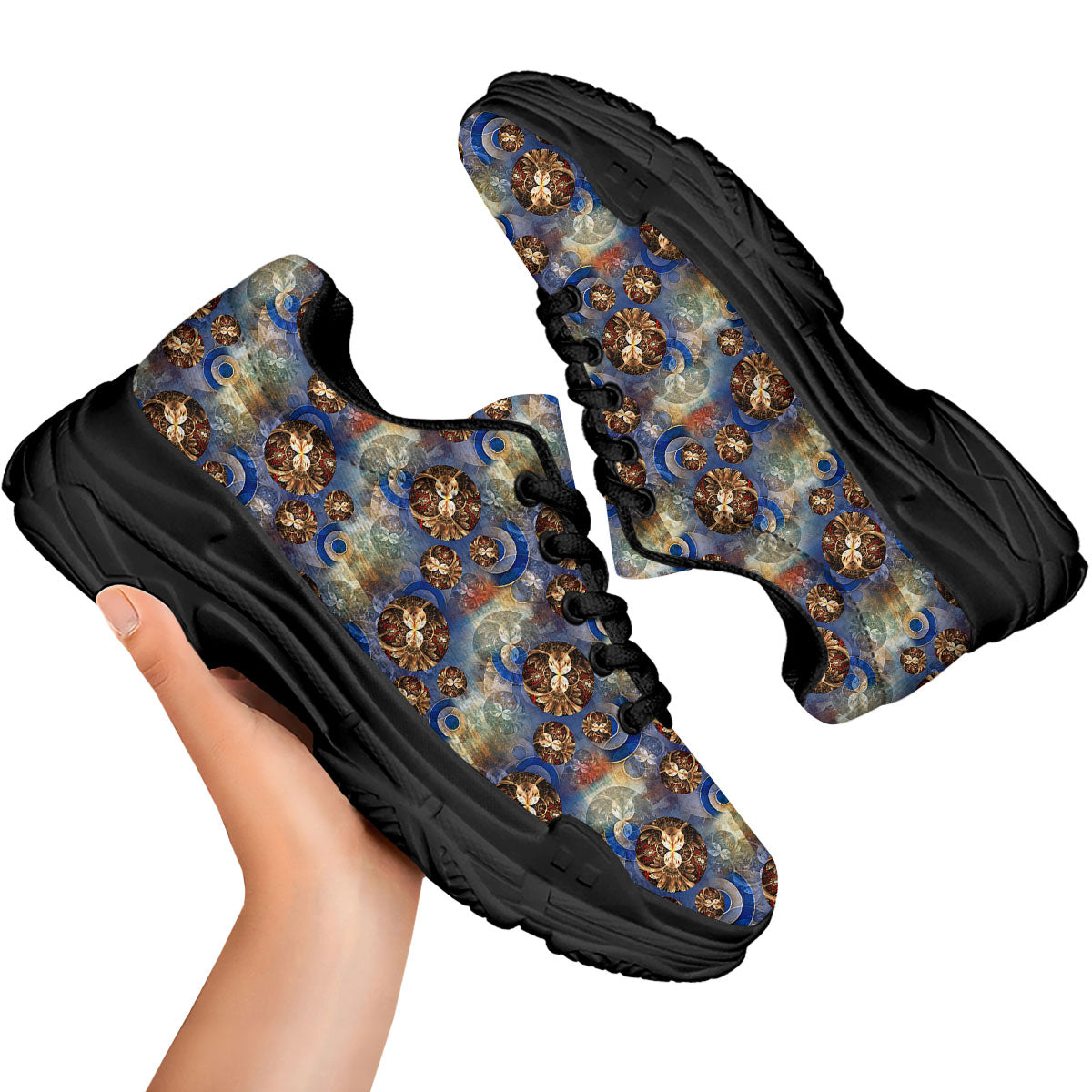 Fractal Abstract Print Black Chunky Shoes-grizzshop