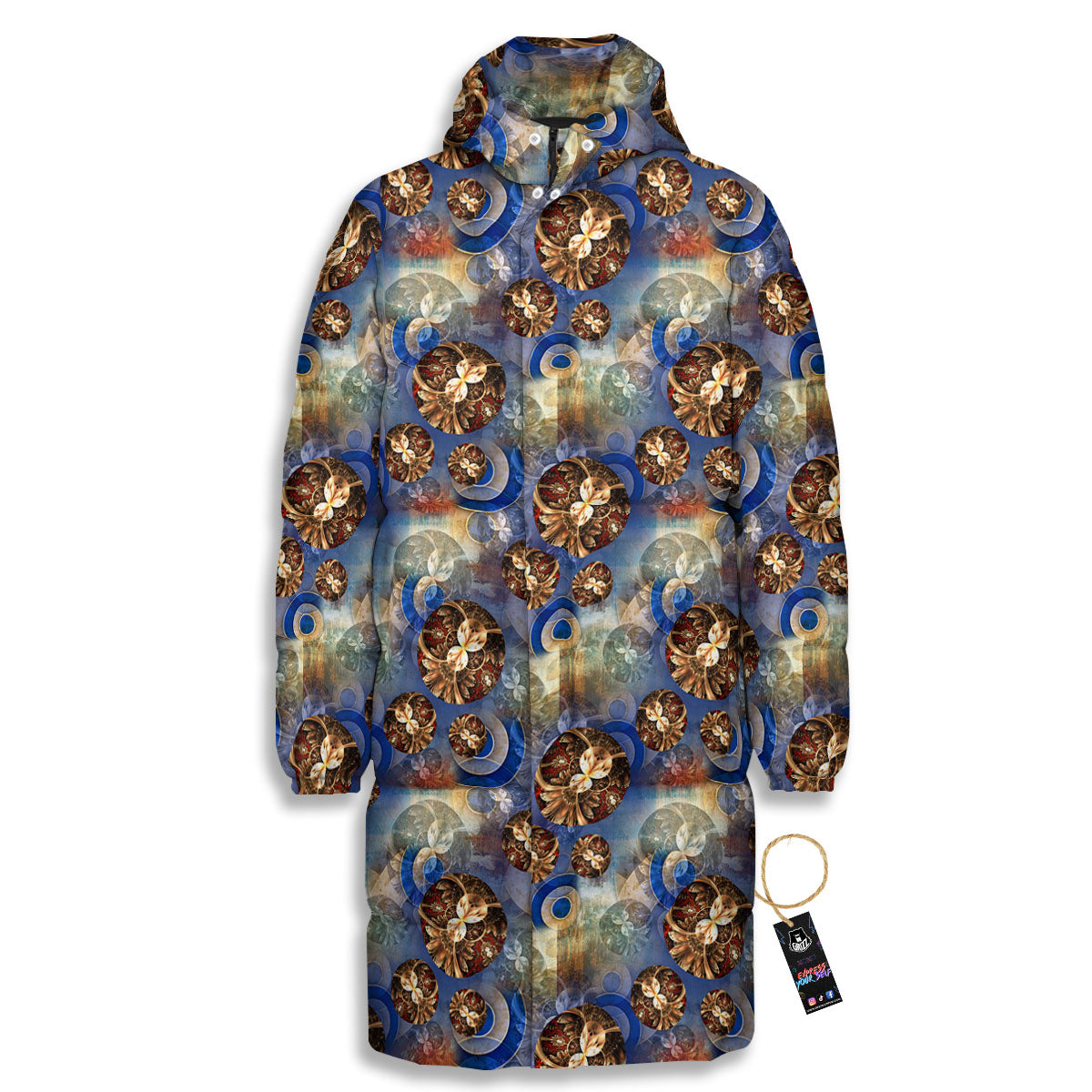 Fractal Abstract Print Long Down Jacket-grizzshop