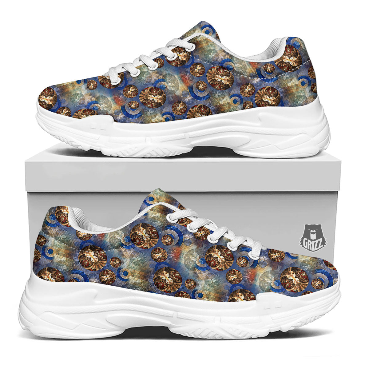 Fractal Abstract Print White Chunky Shoes-grizzshop