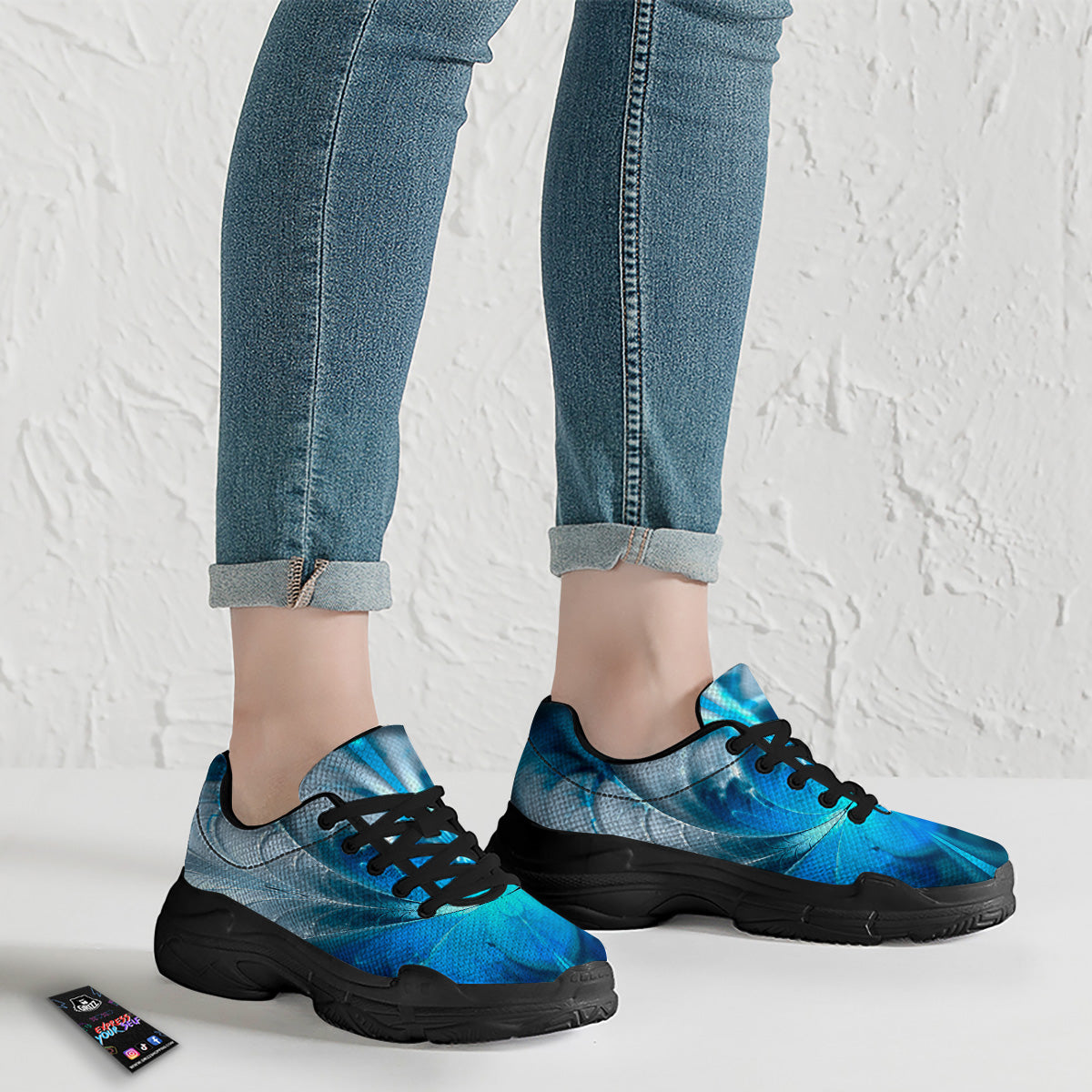 Fractal Blue Print Black Chunky Shoes-grizzshop