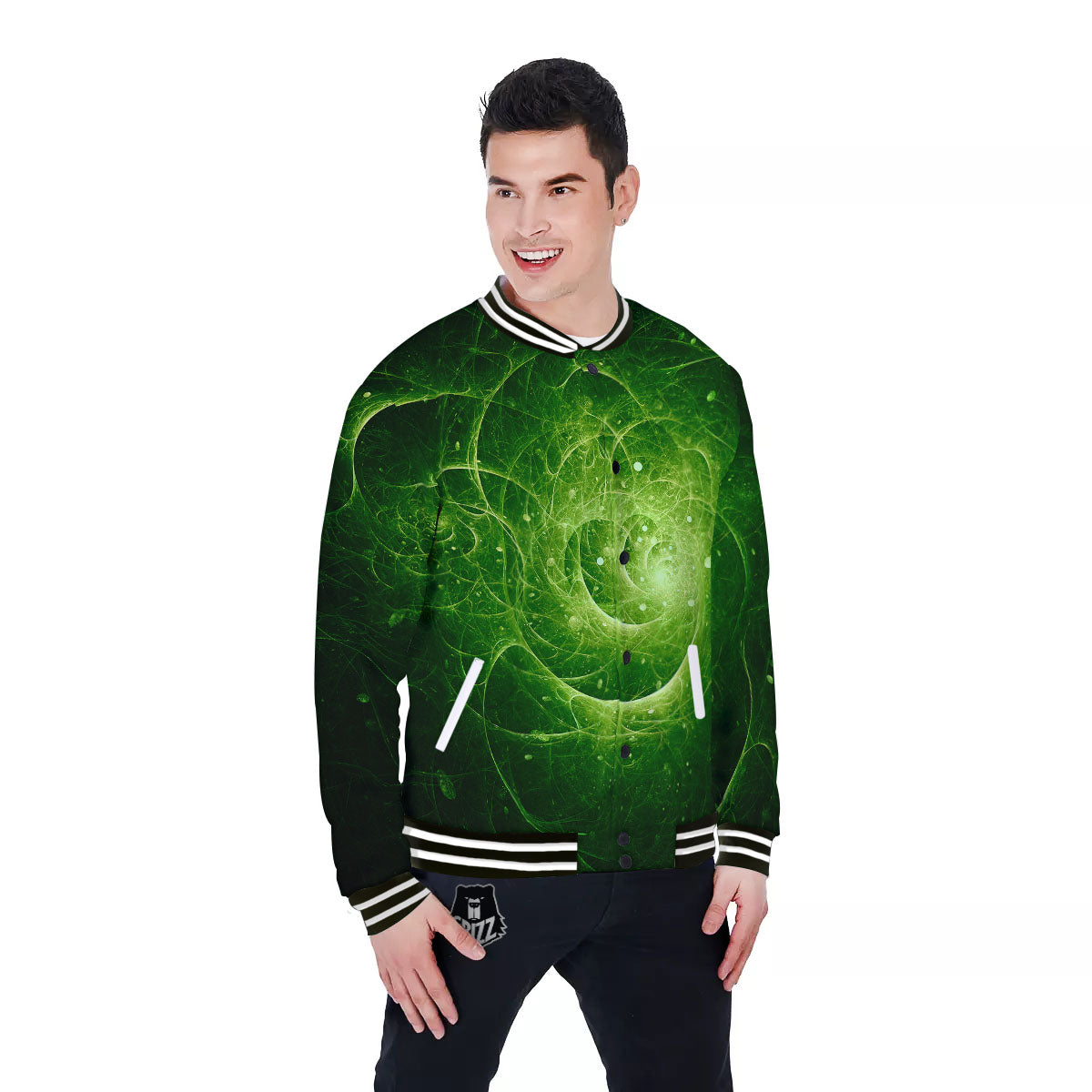 Fractal Green Print Baseball Jacket-grizzshop