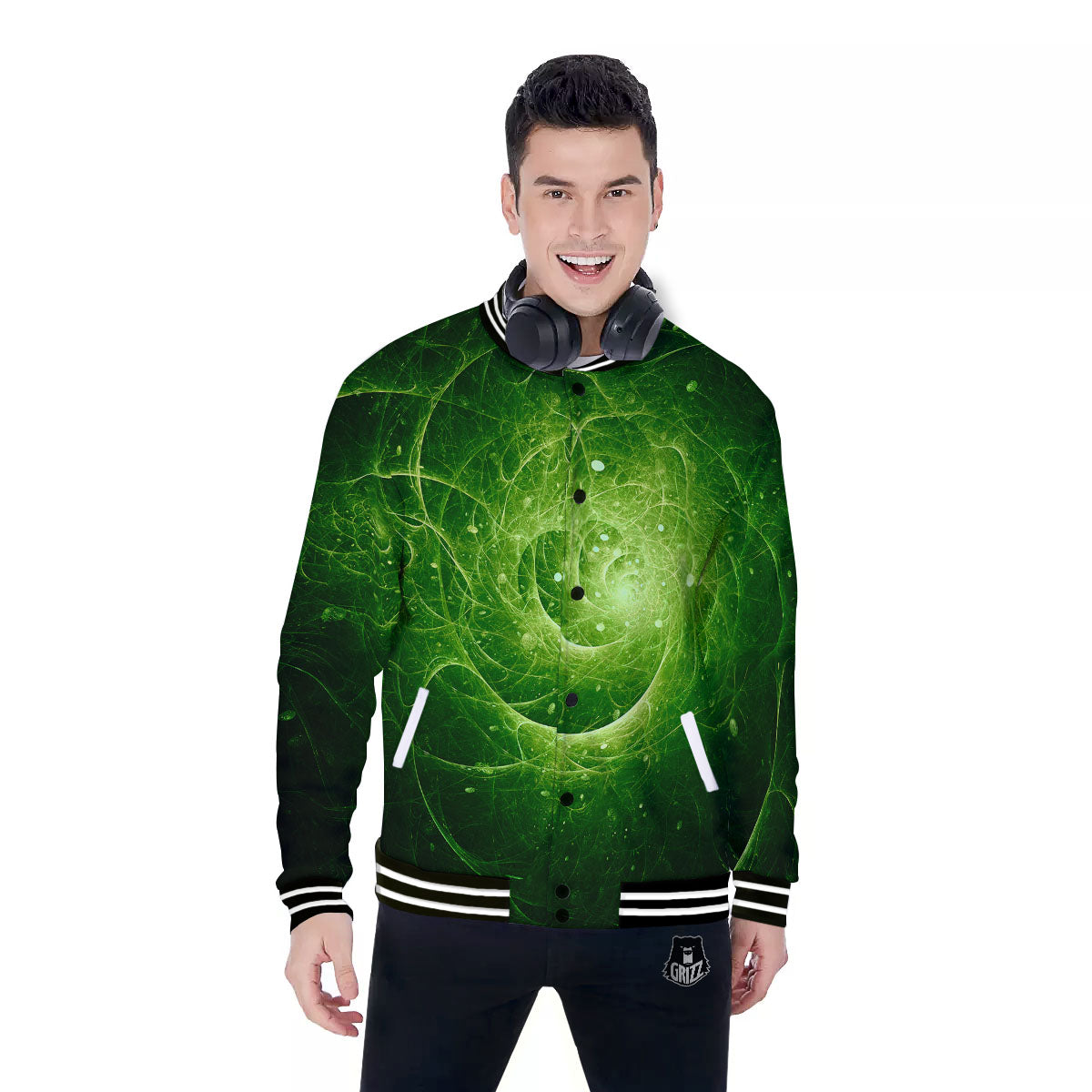Fractal Green Print Baseball Jacket-grizzshop