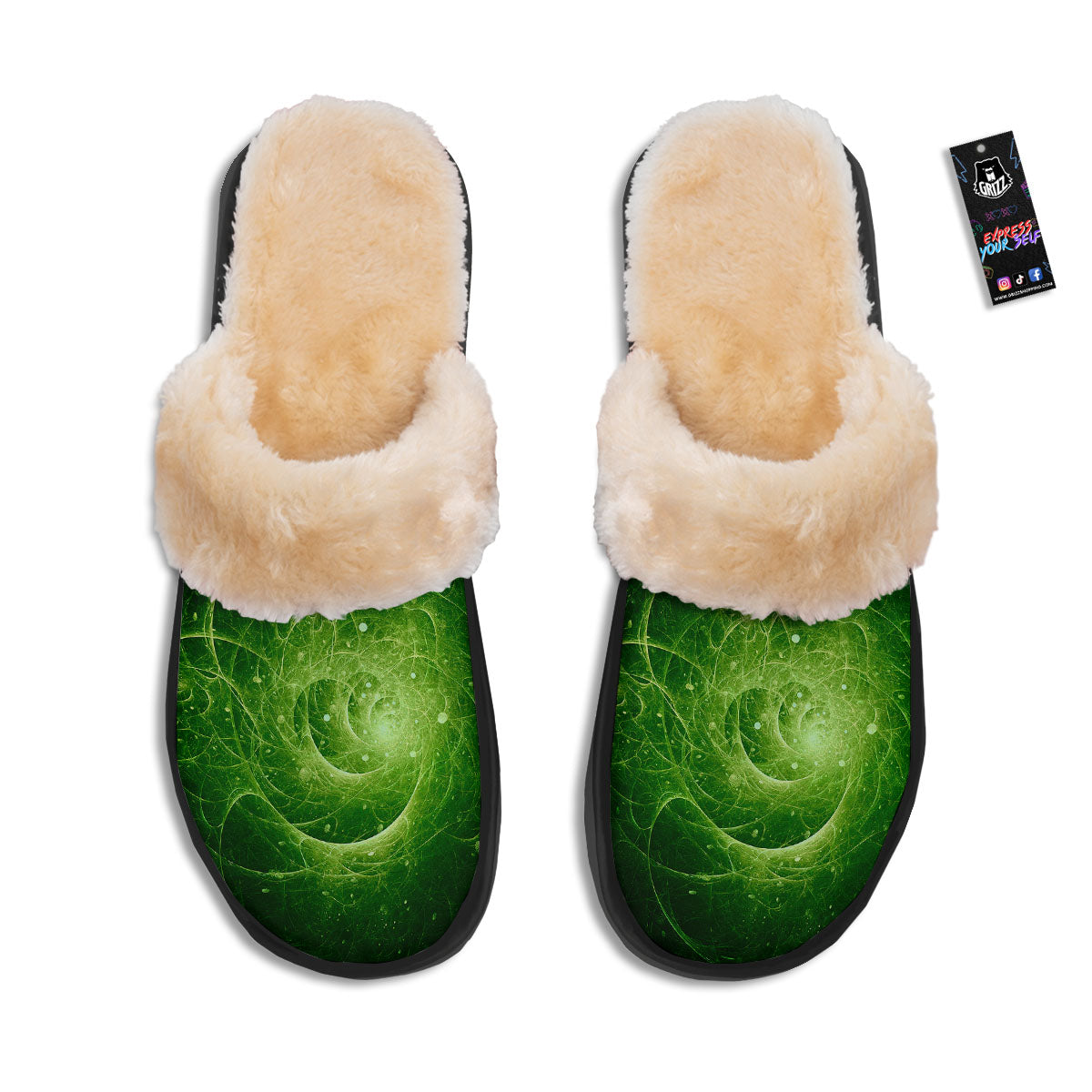 Fractal Green Print Slippers-grizzshop