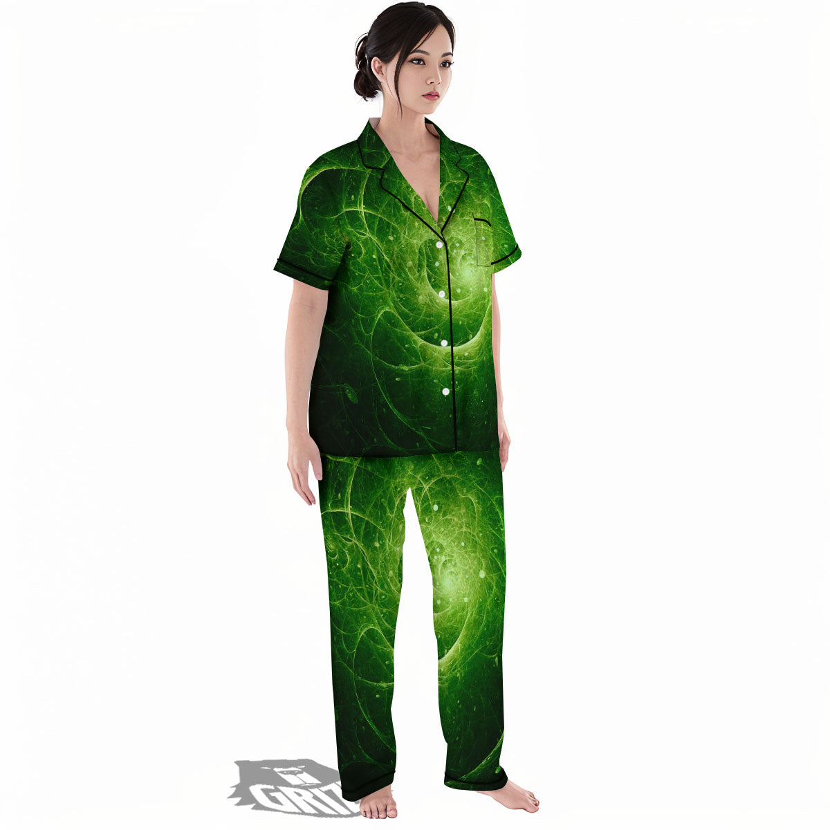 Fractal Green Print Women's Pajamas Set-grizzshop