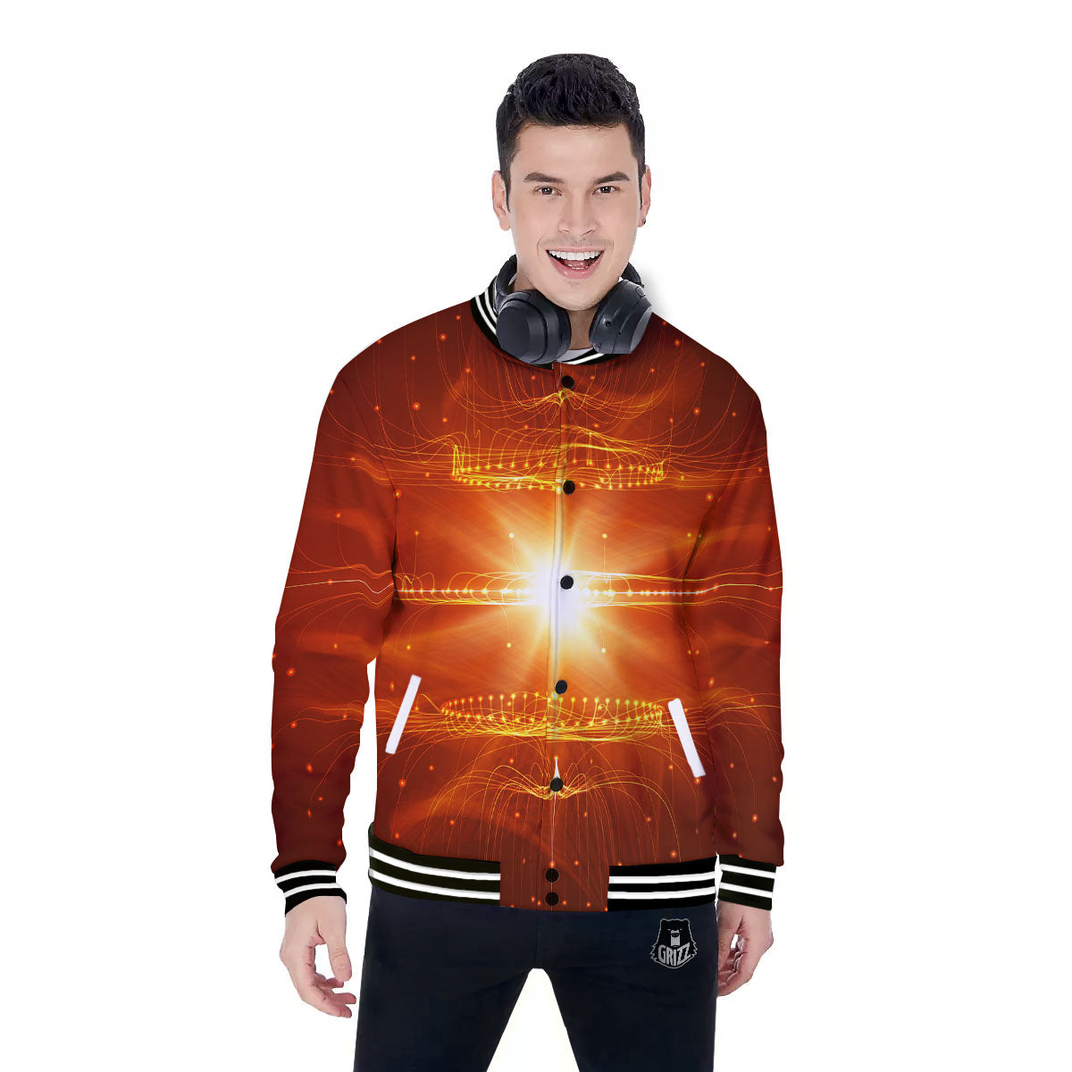 Fractal Light Print Baseball Jacket-grizzshop