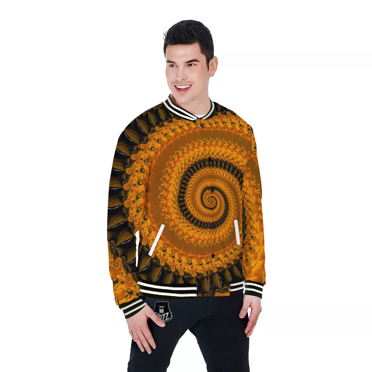Fractal Orange Print Baseball Jacket-grizzshop