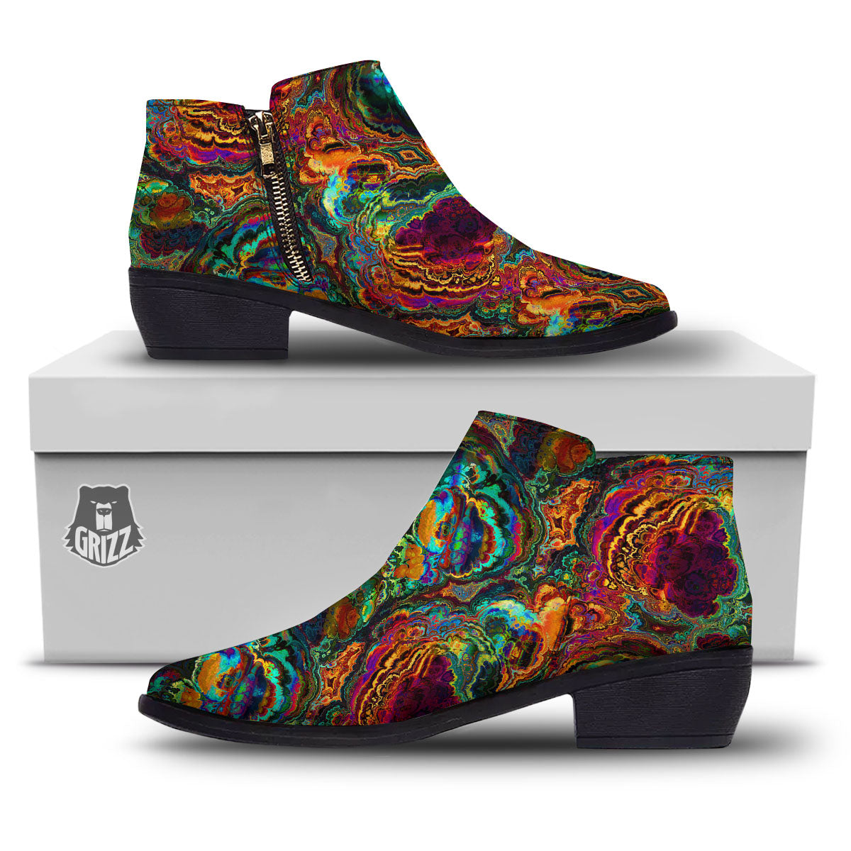 Fractal Psychedelic Print Pattern Ankle Boots-grizzshop