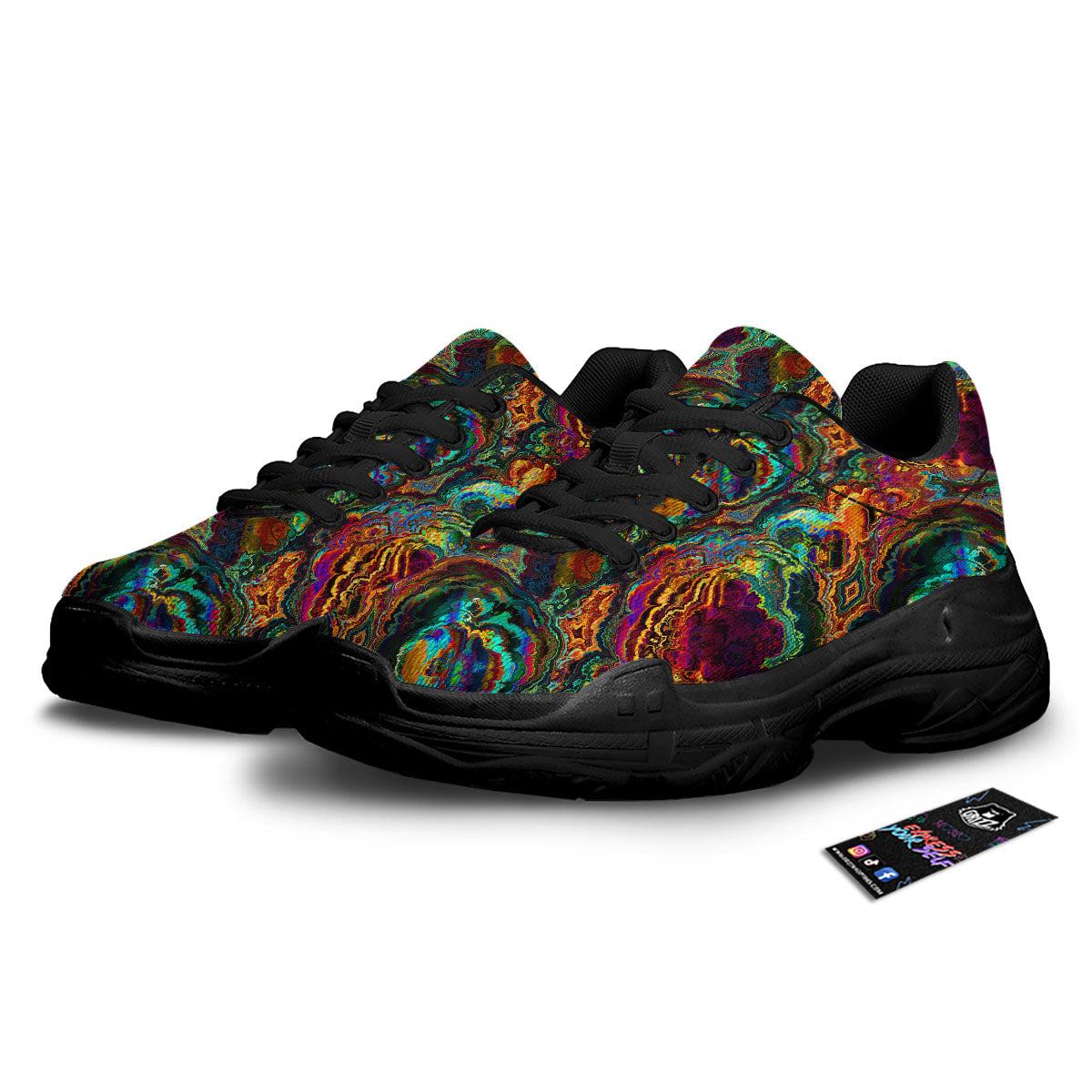 Fractal Psychedelic Print Pattern Black Chunky Shoes-grizzshop