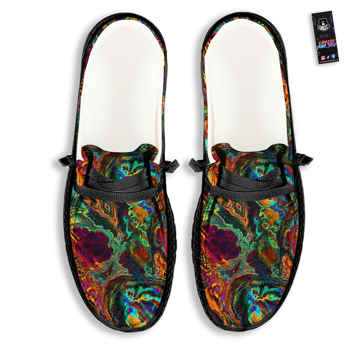 Fractal Psychedelic Print Pattern Black Loafers-grizzshop