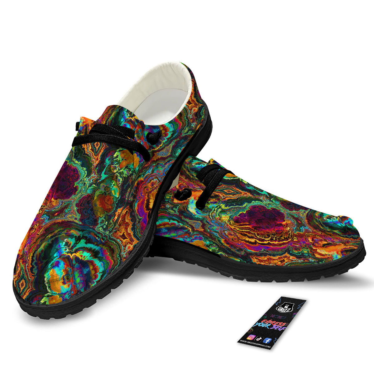 Fractal Psychedelic Print Pattern Black Loafers-grizzshop