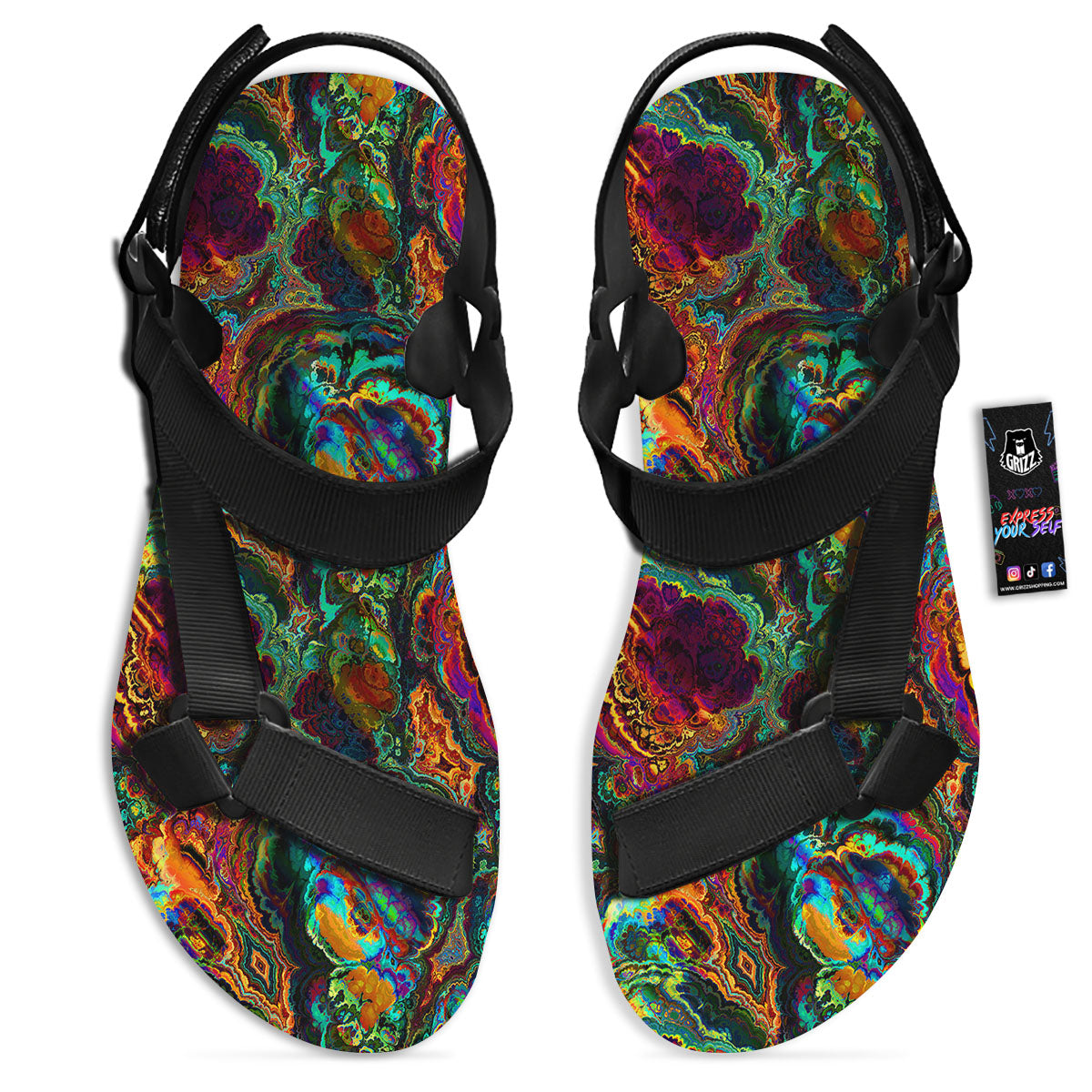 Fractal Psychedelic Print Pattern Black Open Toe Sandals-grizzshop
