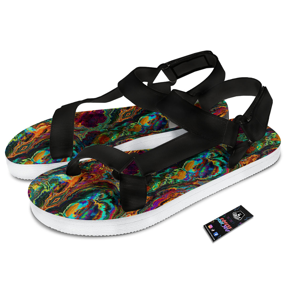 Fractal Psychedelic Print Pattern Black Open Toe Sandals-grizzshop