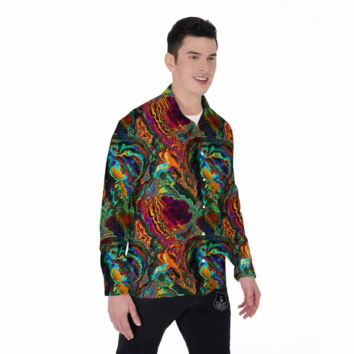 Fractal Psychedelic Print Pattern Men's Long Sleeve Shirts-grizzshop