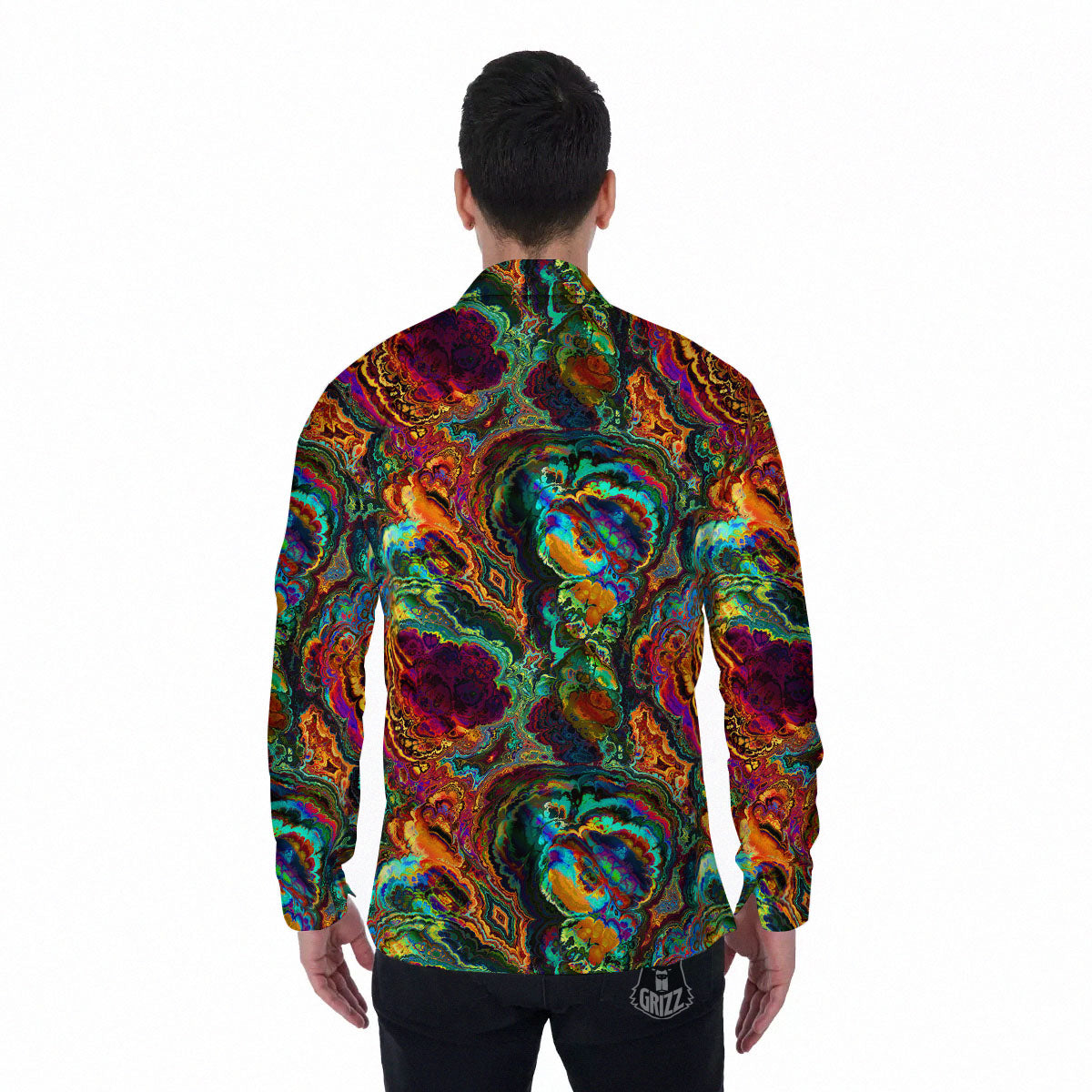 Fractal Psychedelic Print Pattern Men's Long Sleeve Shirts-grizzshop