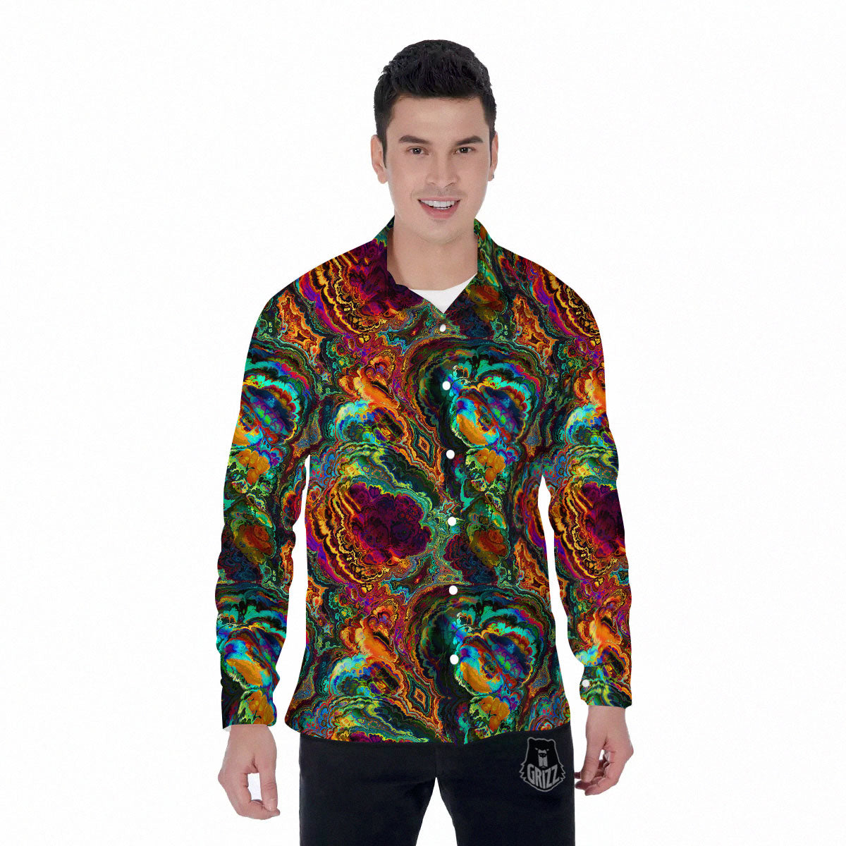Fractal Psychedelic Print Pattern Men's Long Sleeve Shirts-grizzshop