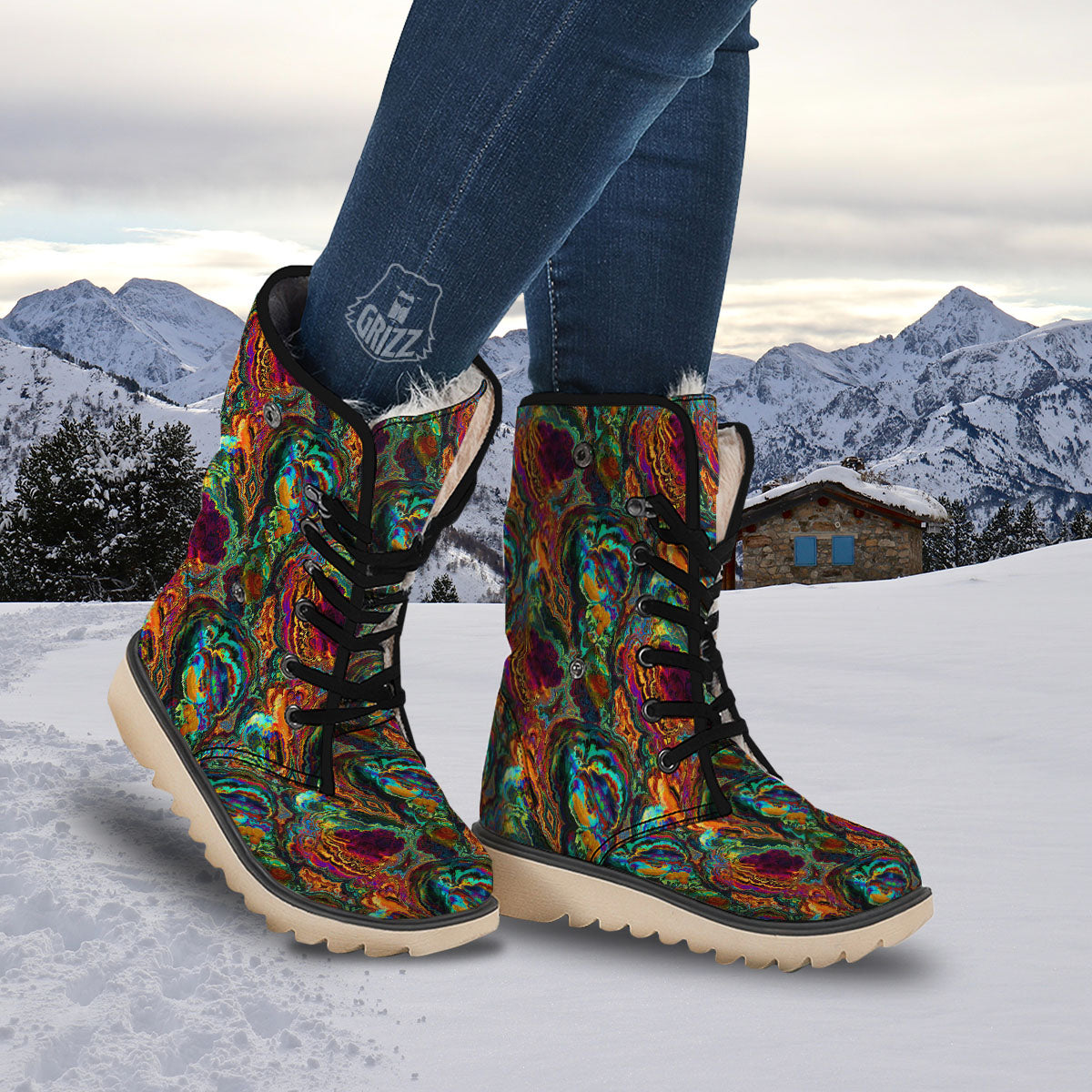Fractal Psychedelic Print Pattern Snow Boots-grizzshop