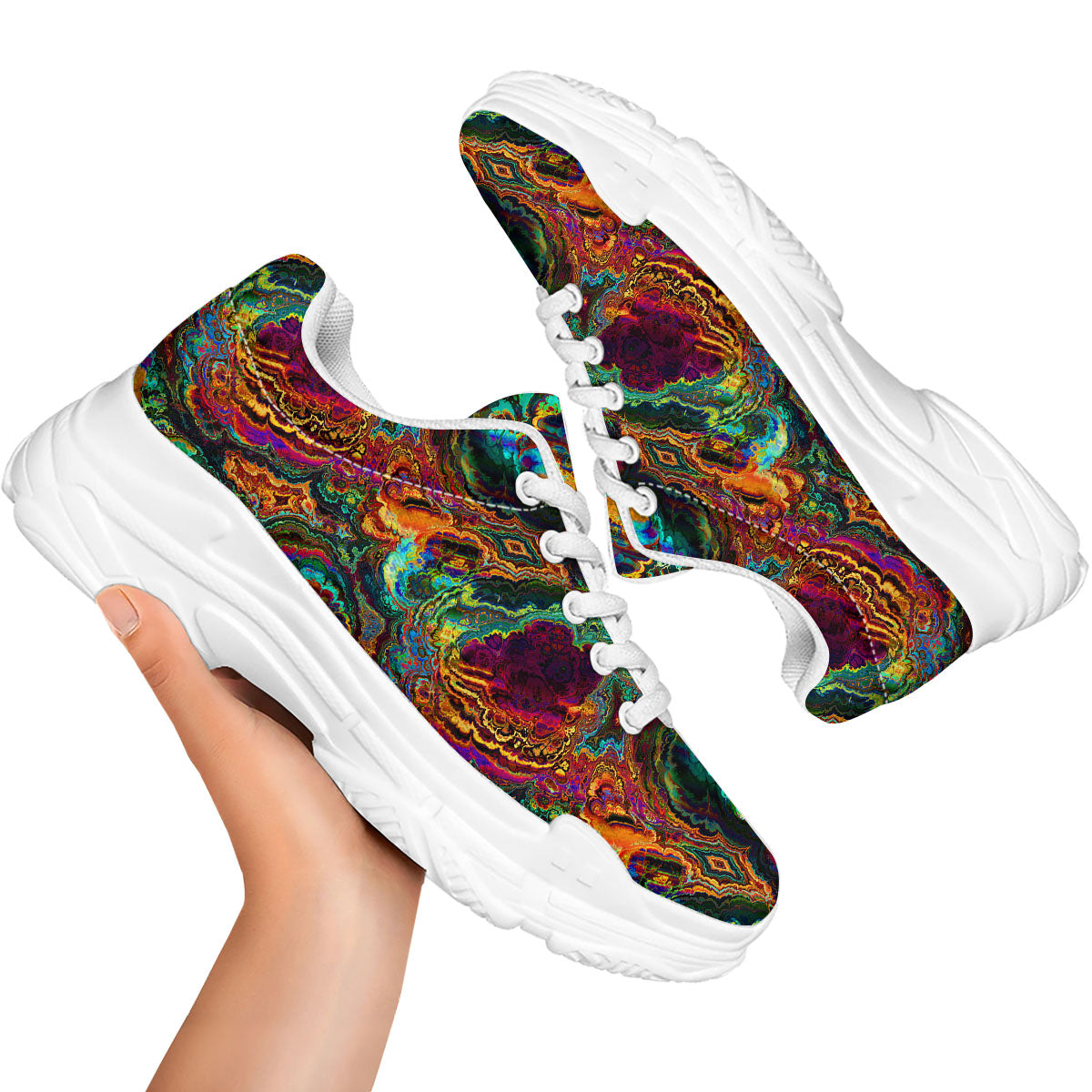 Fractal Psychedelic Print Pattern White Chunky Shoes-grizzshop