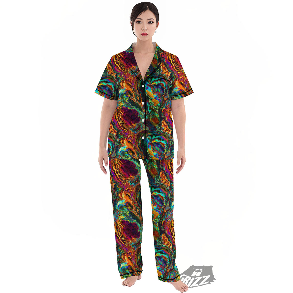 Fractal Psychedelic Print Pattern Women's Pajamas Set-grizzshop