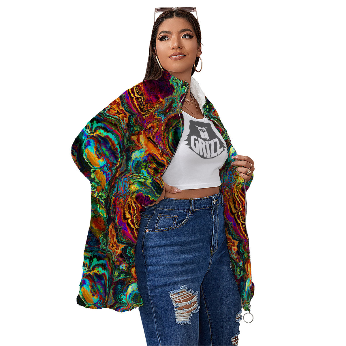 Fractal Psychedelic Print Pattern Women's Sherpa Jacket-grizzshop