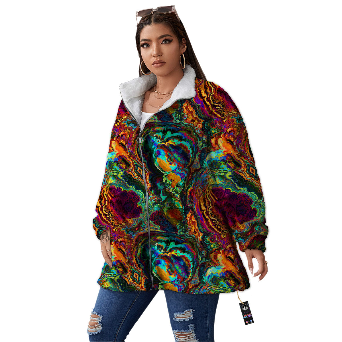 Fractal Psychedelic Print Pattern Women's Sherpa Jacket-grizzshop