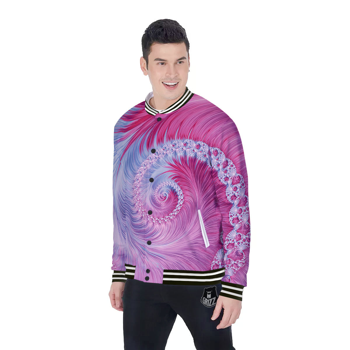 Fractal Spiral Print Baseball Jacket-grizzshop