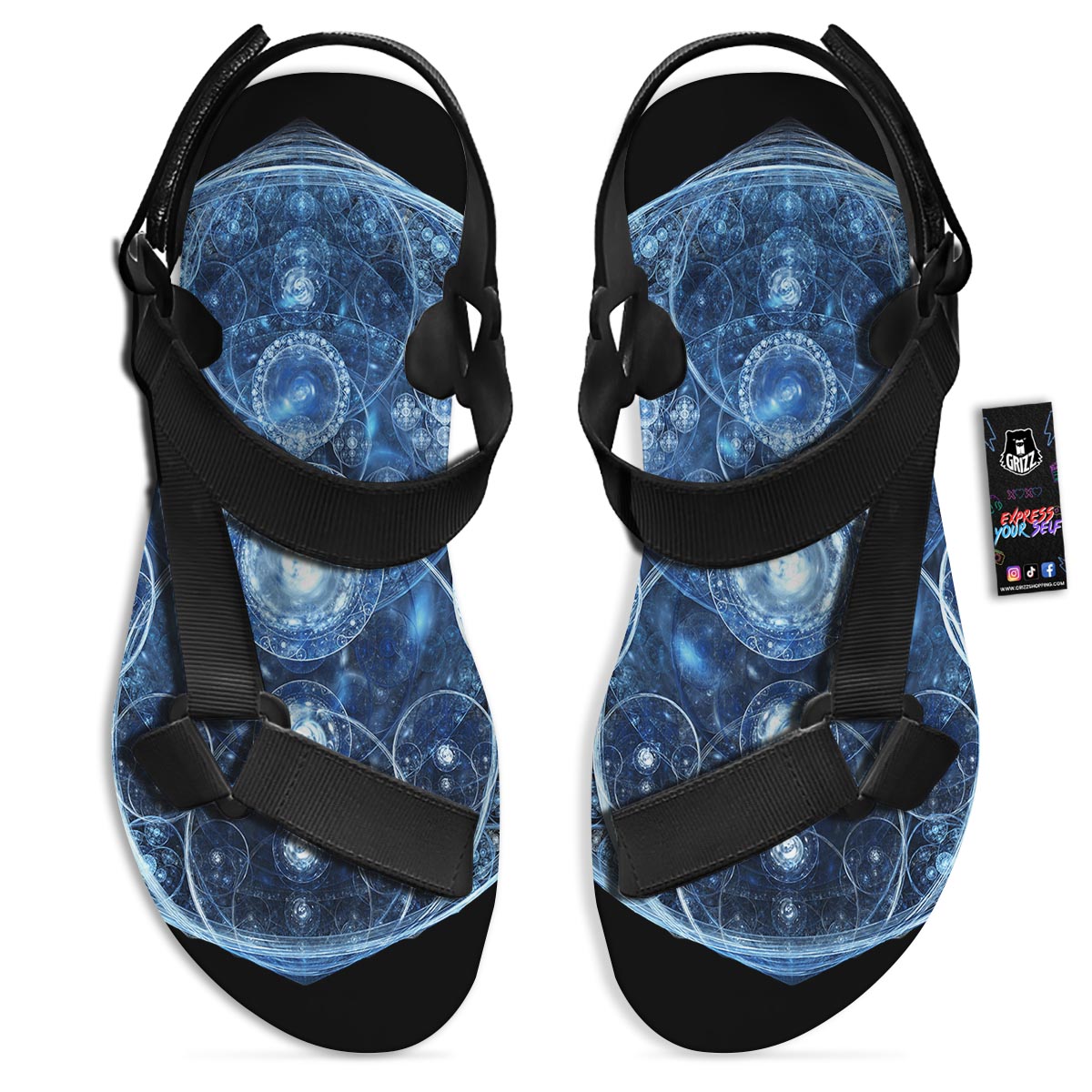 Fractal Steampunk Print Black Open Toe Sandals-grizzshop