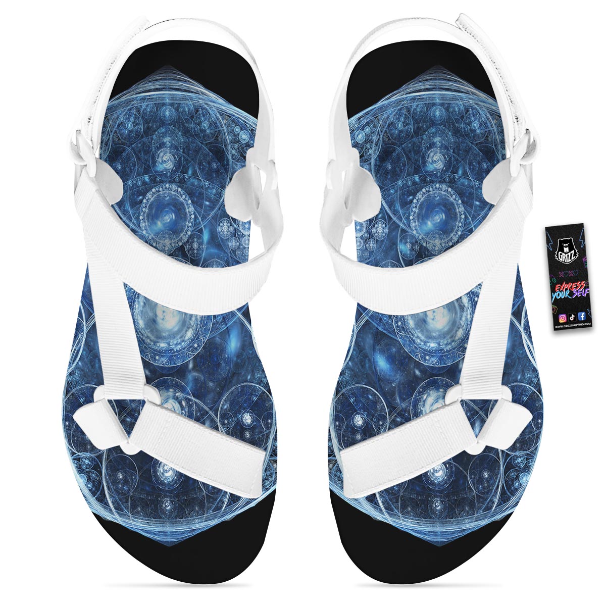 Fractal Steampunk Print White Open Toe Sandals-grizzshop