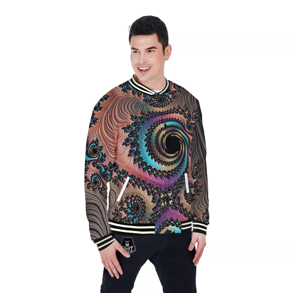 Fractal Trippy Print Baseball Jacket-grizzshop