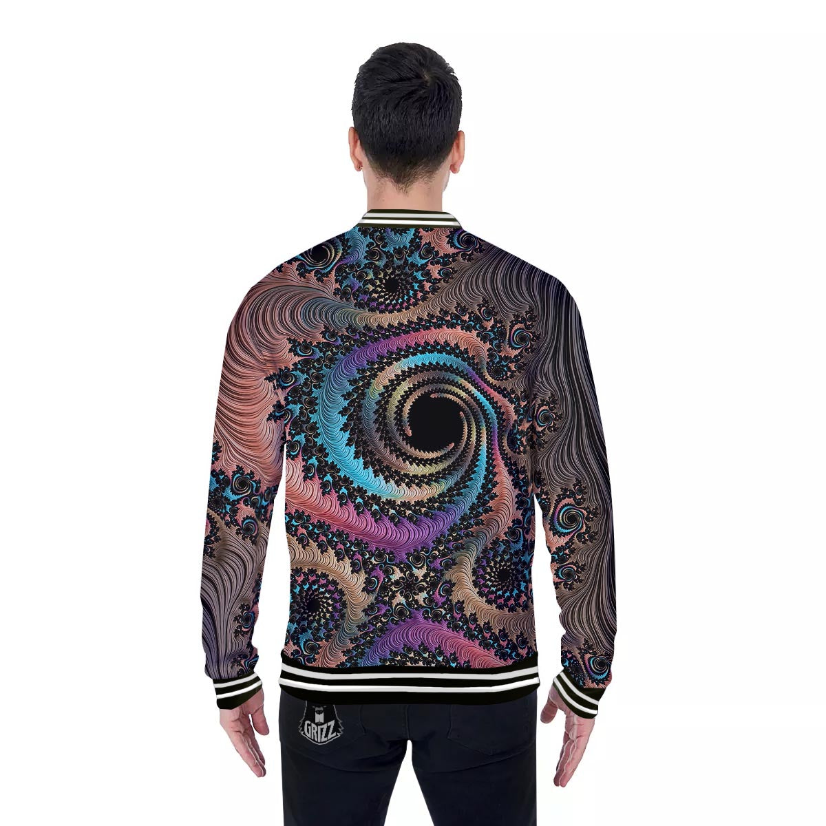 Fractal Trippy Print Baseball Jacket-grizzshop