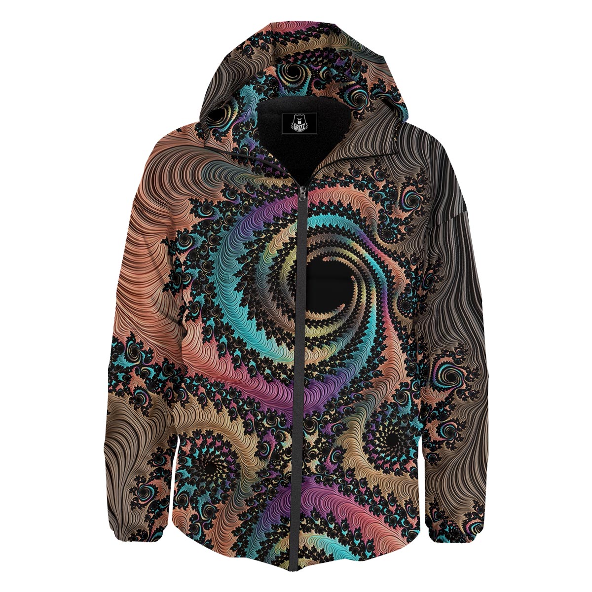 Fractal Trippy Print Down Jacket-grizzshop