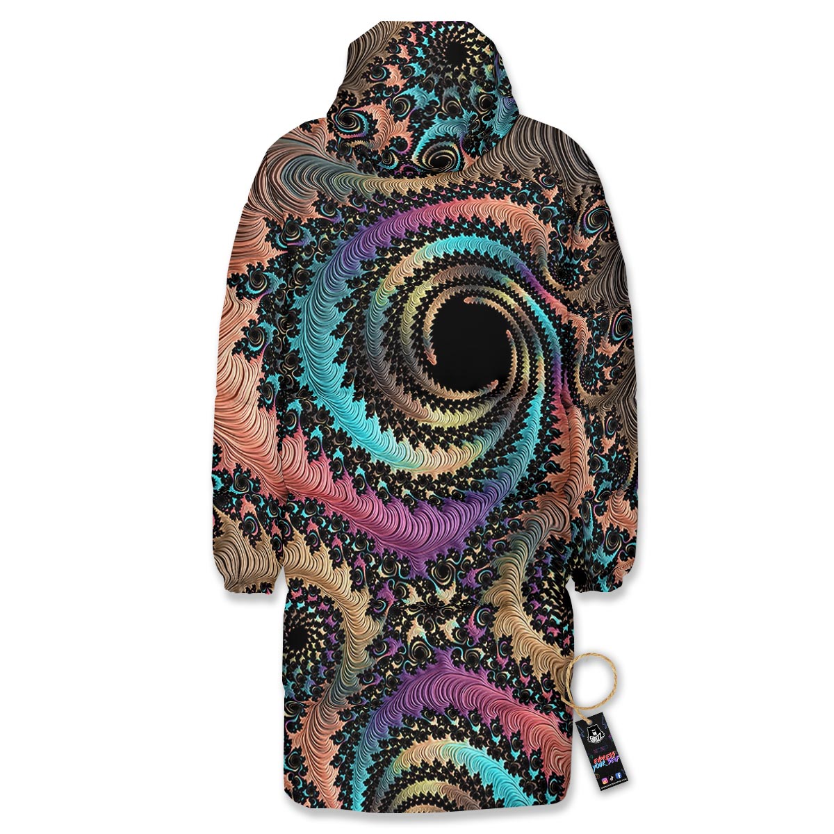 Fractal Trippy Print Long Down Jacket-grizzshop