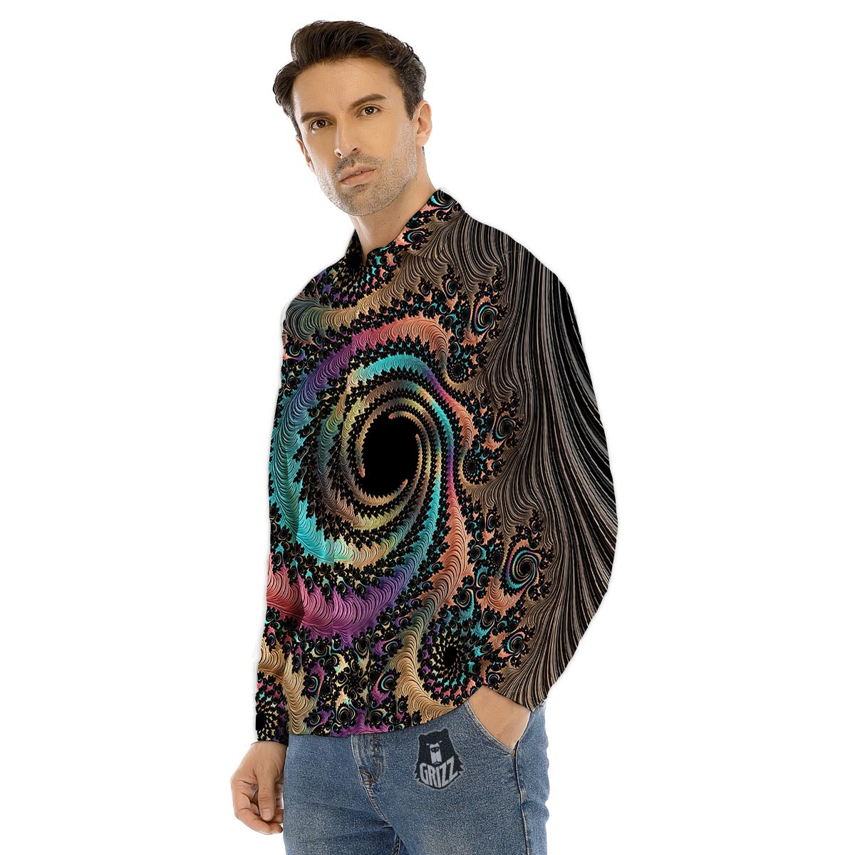 Fractal Trippy Print Men's Dress Shirts-grizzshop