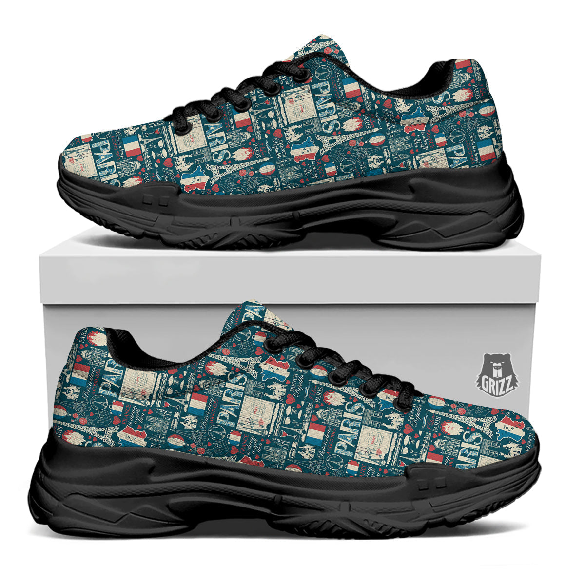 France And Paris Landmarks Vintage Print Pattern Black Chunky Shoes-grizzshop