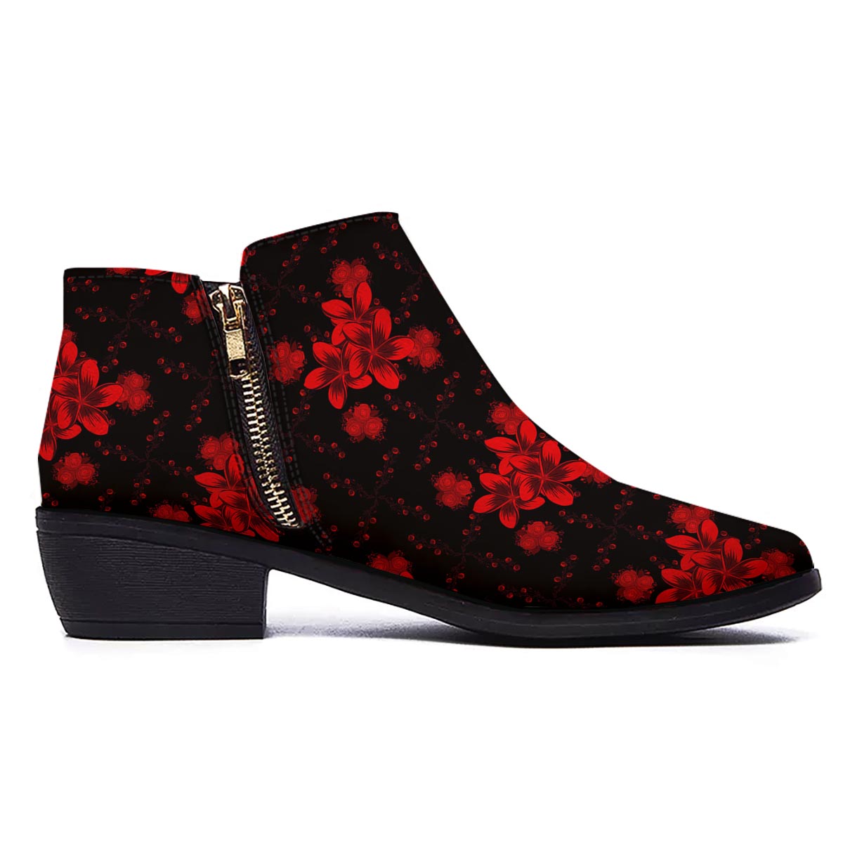 Frangipani Black And Red Print Pattern Ankle Boots-grizzshop