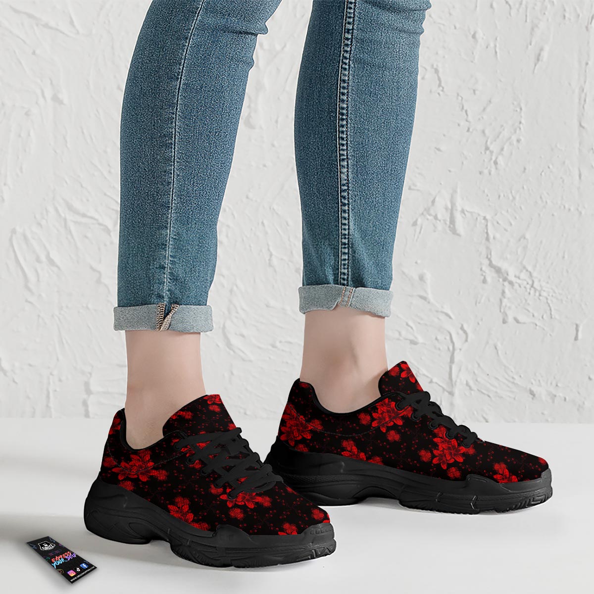 Frangipani Black And Red Print Pattern Black Chunky Shoes-grizzshop