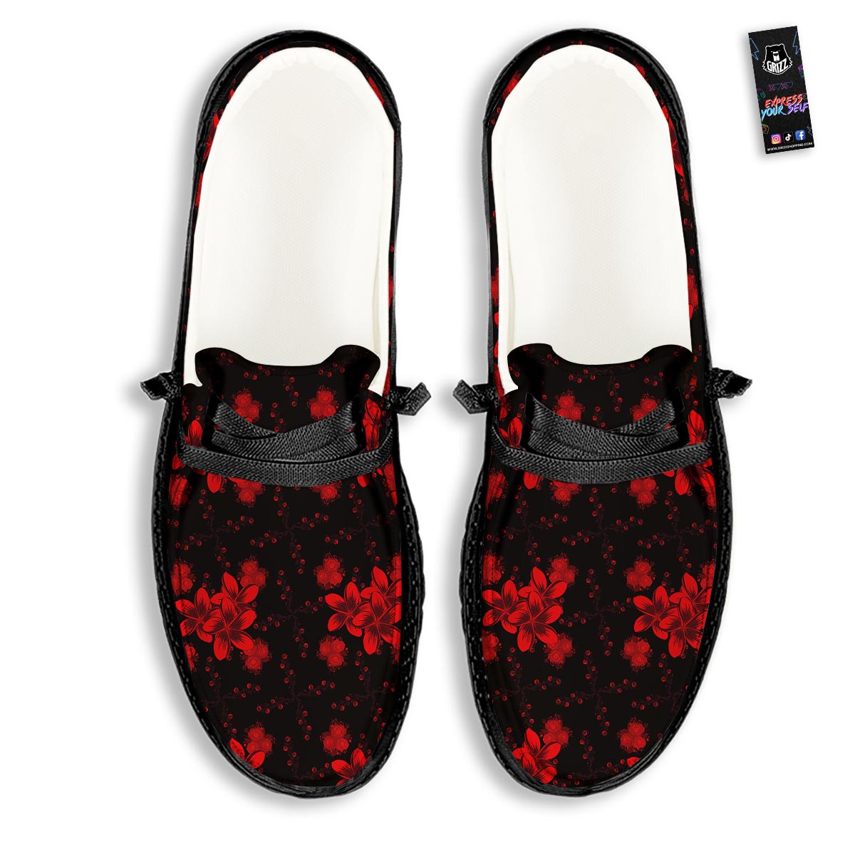 Frangipani Black And Red Print Pattern Black Loafers-grizzshop