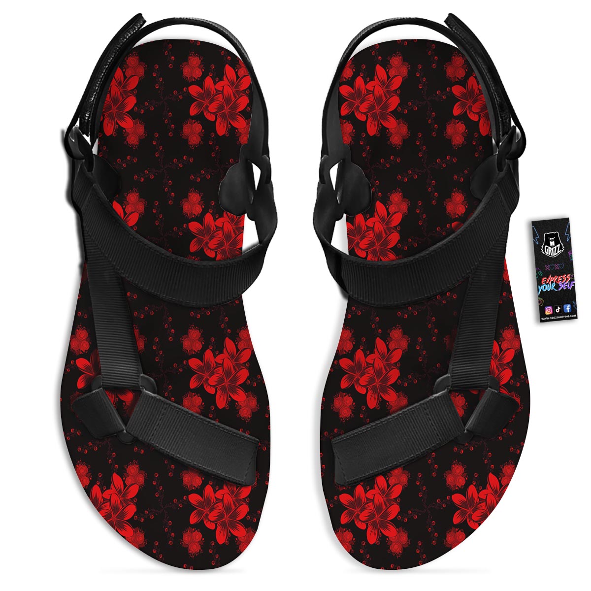Frangipani Black And Red Print Pattern Black Open Toe Sandals-grizzshop