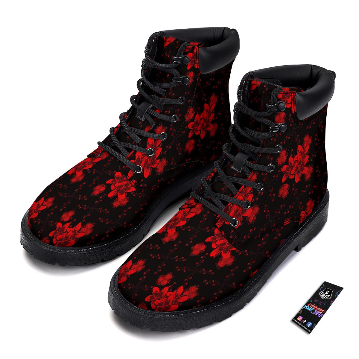 Frangipani Black And Red Print Pattern Boots-grizzshop