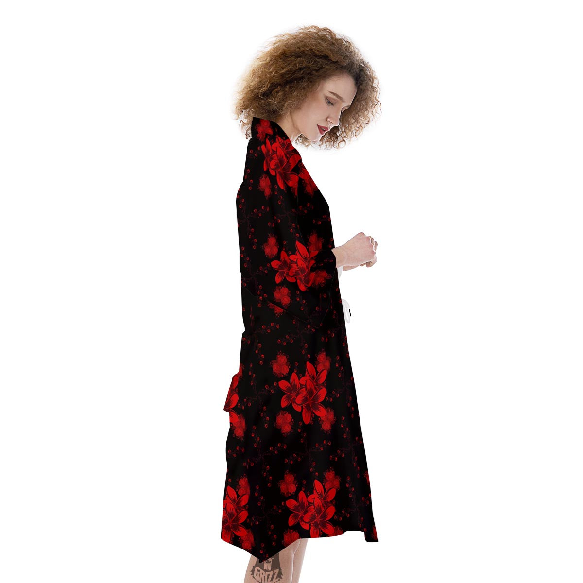 Frangipani Black And Red Print Pattern Kimono-grizzshop