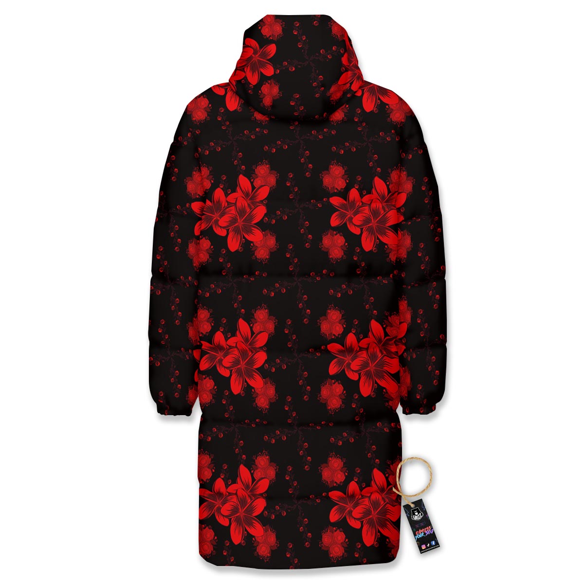 Frangipani Black And Red Print Pattern Long Down Jacket-grizzshop