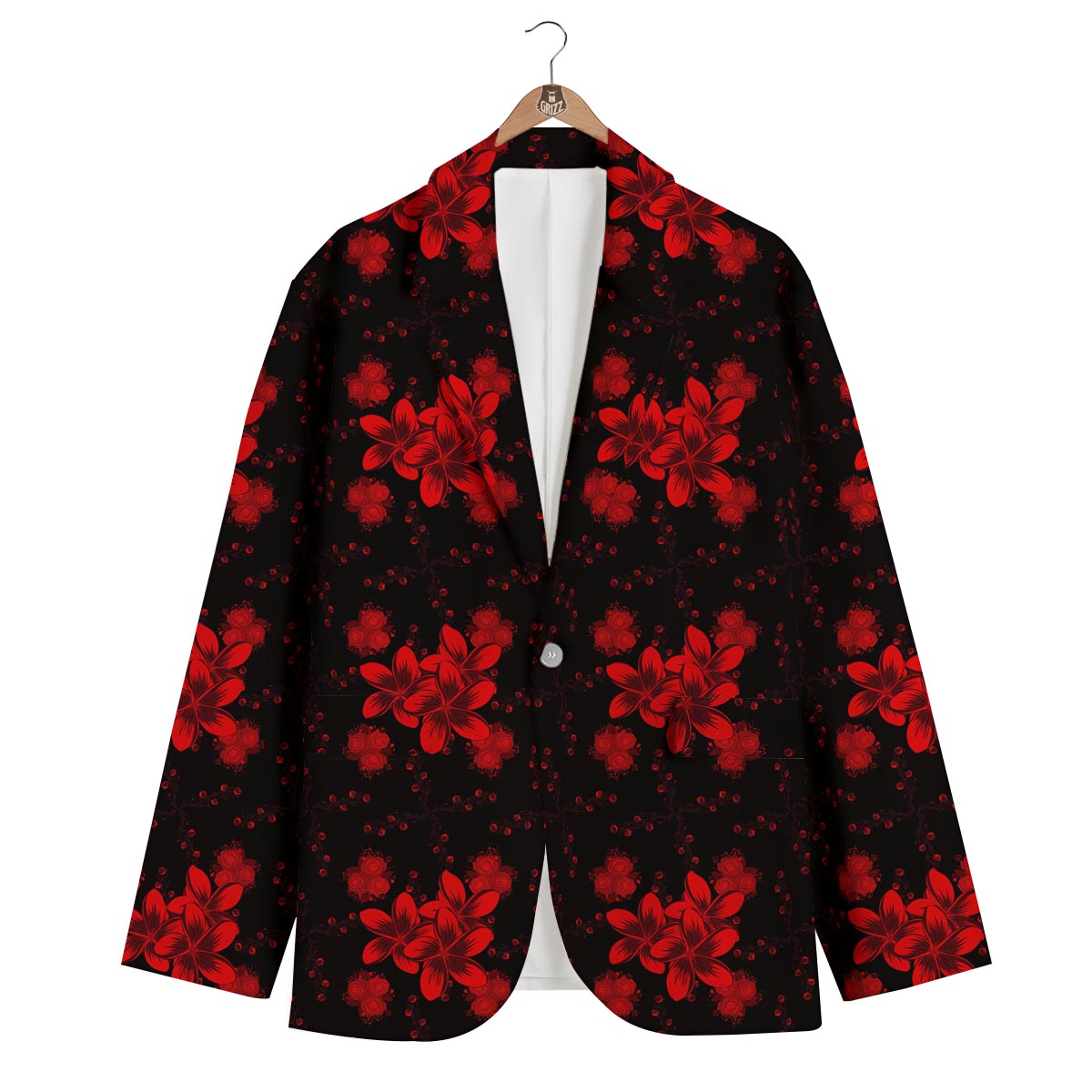Frangipani Black And Red Print Pattern Men's Blazer-grizzshop